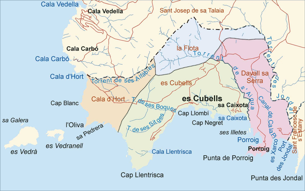 Mapa de les véndes del poble des Cubells. Elaboració: Josep Antoni Prats Serra / José F. Soriano Segura / Antoni Ferrer Torres.