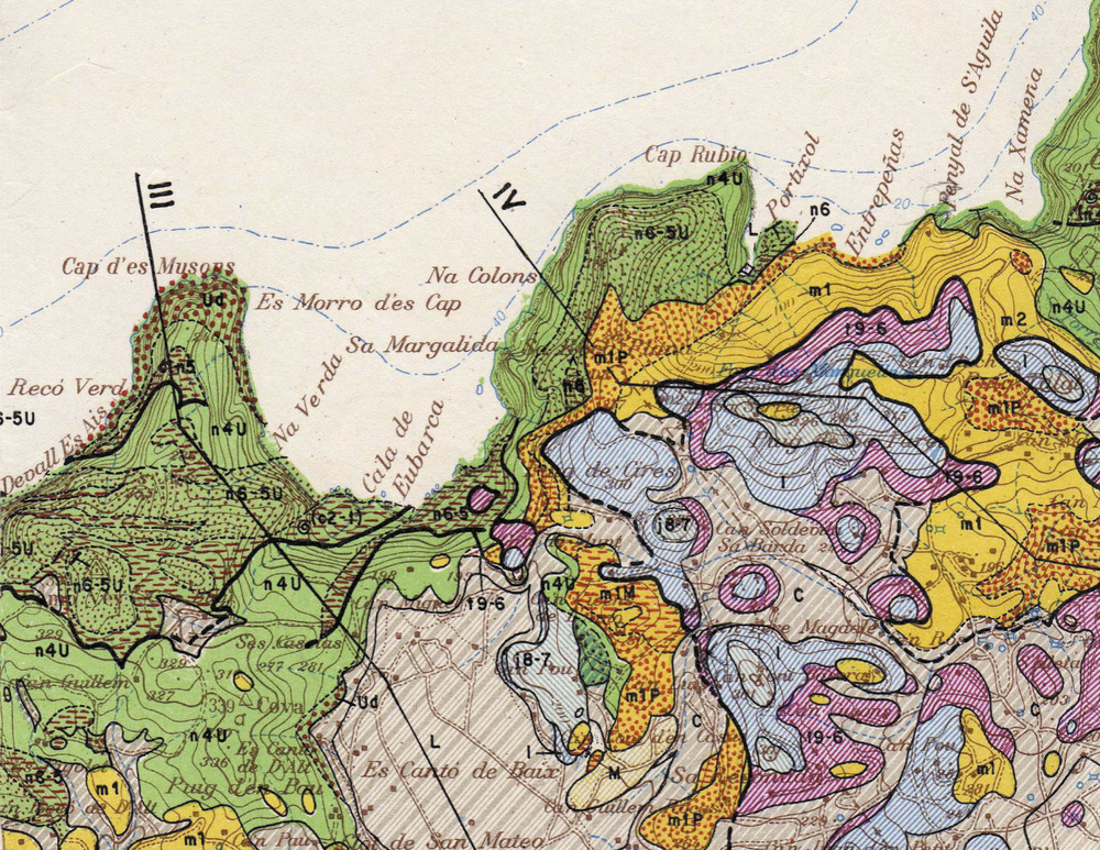 El pla de Sant Mateu d´Albarca i la cala d´Albarca, segons un mapa geològic d´Yves Rangheard.