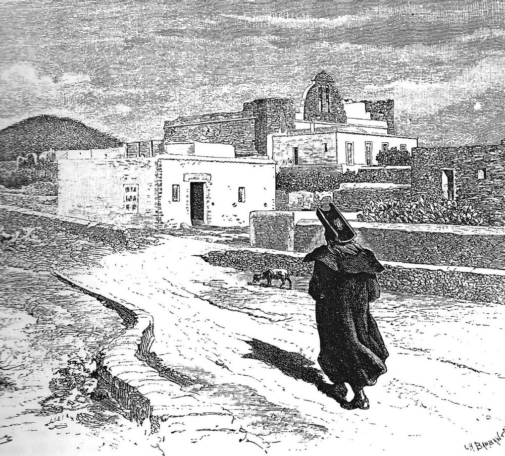 Municipi de Sant Antoni de Portmany. Dibuix de l´església de Sant Antoni, del francès Gaston Vuillier, que visità Eivissa el 1889.
