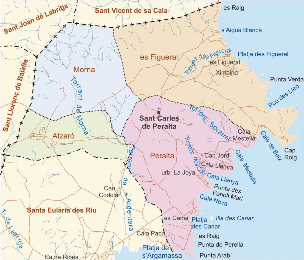 Mapa de les véndes del poble de Sant Carles de Peralta. Elaboració: José F. Soriano Segura / Antoni Ferrer Torres.
