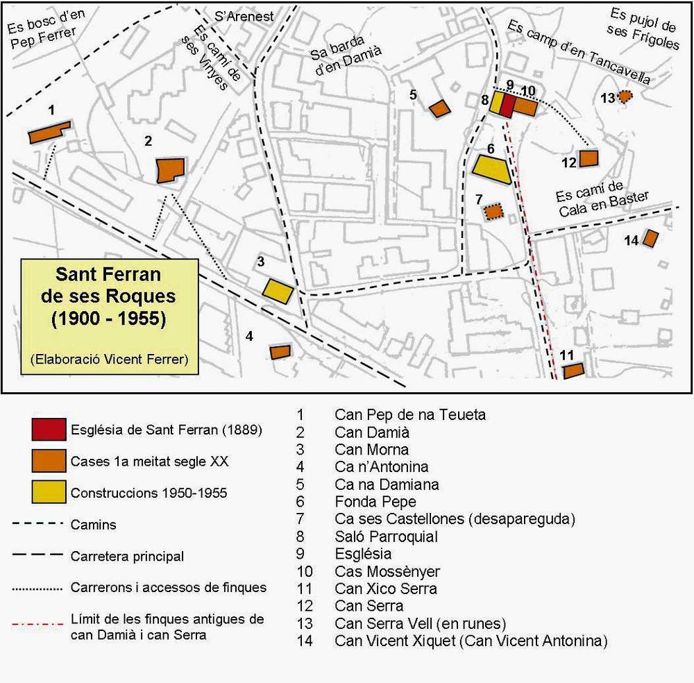 Evolució del nucli urbà de Sant Ferran de ses Roques a mitjan s. XX. Elaboració: Vicent Ferrer Mayans.