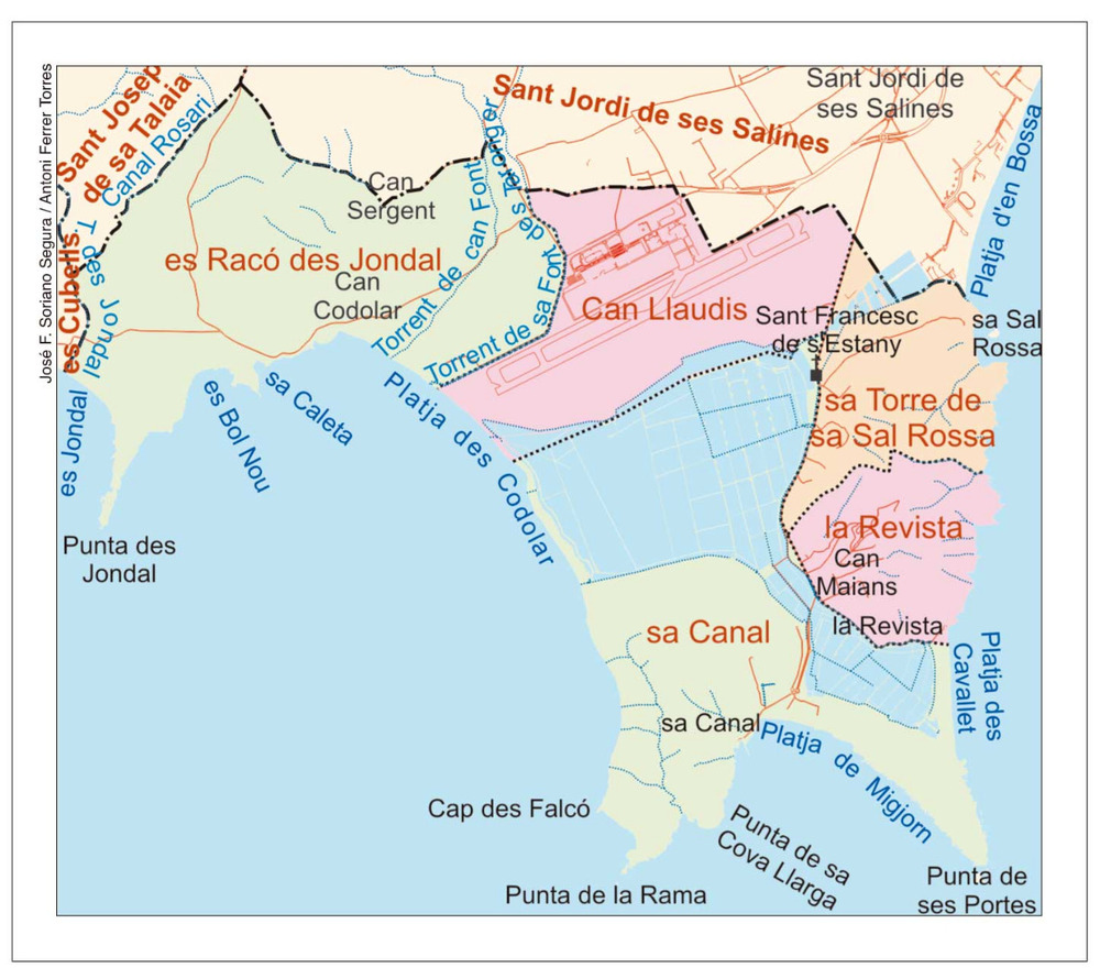 Mapa de les véndes del poble de Sant Francesc de s´Estany. Elaboració: José F. Soriano Segura / Antoni Ferrer Torres.