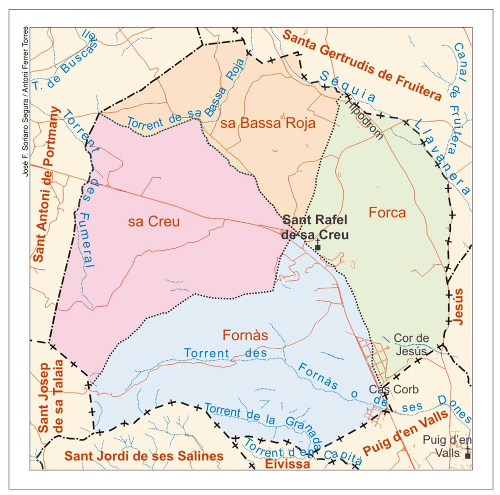 Mapa de les véndes del poble de Sant Rafel de sa Creu. Elaboració: José F. Soriano Segura / Antoni Ferrer Torres.