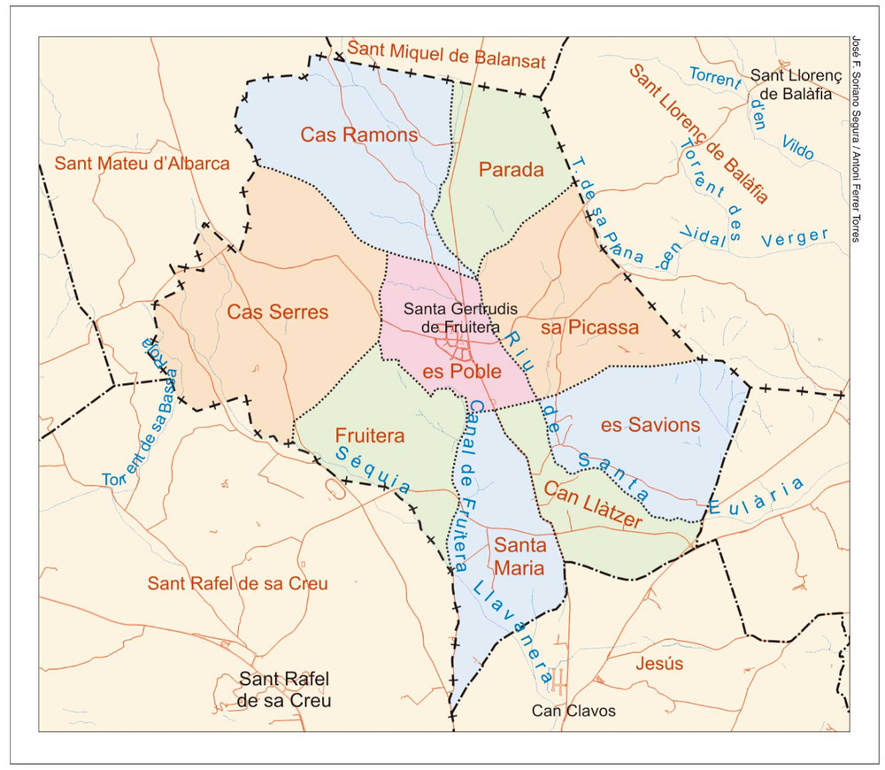 Mapa de les véndes del poble de Santa Gertrudis de Fruitera. Elaboració: José F. Soriano Segura / Antoni Ferrer Torres.