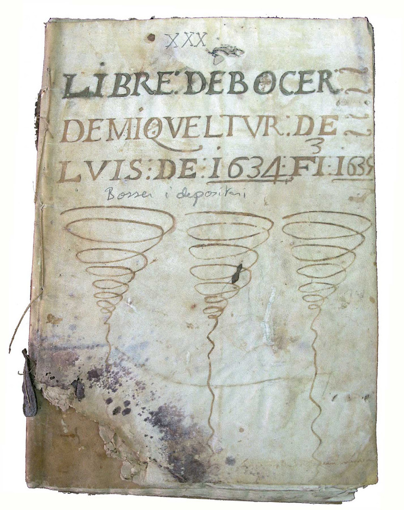 Portada d´un llibre de càrrecs de la Universitat d´Eivissa: el del bosser (1634). Cortesia de l´Arxiu Històric Municipal d´Eivissa.