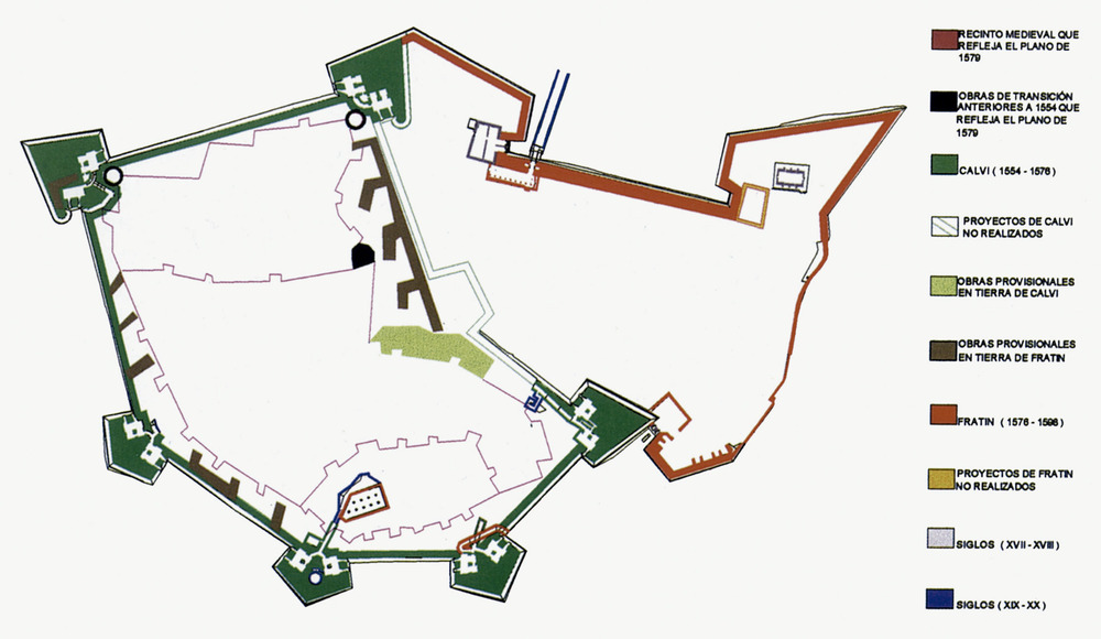 Planta interpretativa de les fases de construcció de les murades (estudis previs del Pla director de les murades 2002). Extret d´<em>Eivissa Patrimoni de la Humanitat.</em>