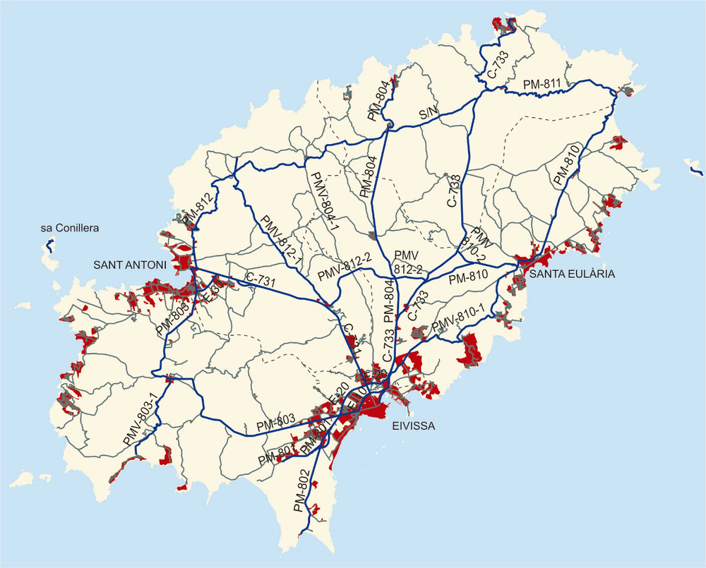 Mapa amb les principals carreteres de l´illa d´Eivissa a començament del s. XXI. Elaboració: José F. Soriano Segura / Antoni Ferrer Torres.