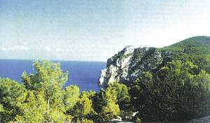 Es Amunts. La costa de ses Balandres, a Corona, amb la punta d´en Petroeli i es Castellar, al fons. Foto: J. Amengual / <em>Guía de la naturaleza de Eivissa y Formentera</em>.