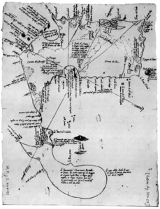 El <em>Ritratto di tutta l´isola d´Eviza et delle Formentier</em> (1555), un mapa de Gianbattista Calvi fet segurament des de la mar. Constitueix, probablement, el primer aixecament de les illes fet <em>in situ</em>. Arxiu General de Simancas. Extret de <em>Cartografia histórica de Ibiza y Formentera (islas Pitiusas)</em>, de J. Tur de Montis.