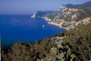 Es Cubells. Penya-segats de la costa E del cap Llentrisca, amb cala Llentrisca al fons.
