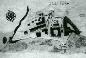 Plànol del s. XVII on apareix la Drassana d´Eivissa, que ocupava l´actual plaça i carrer d´Antoni Riquer, vora el monument als corsaris. Cortesia de l´Archivo General de Simancas.