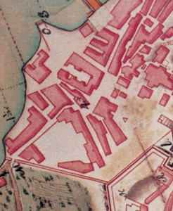 Plànol del s. XVIII on apareix situada la Drassana d´Eivissa. Cortesia de l´Archivo General de Simancas.