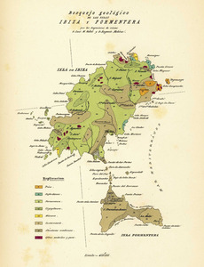 Geologia. Mapa geològic d´Eivissa i Formentera, fet a final del s. XIX pels enginyers de mines Lluís M. Vidal i Eugenio Molina.