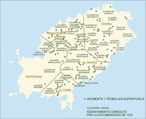 Època andalusina. Mapa d´Eivissa amb els jaciments i les alqueries i rafals d´aquesta època coneguts a partir de la documentació. Elaboració: Museu Arqueològic d´Eivissa i Formentera / José F. Soriano Segura / Antoni Ferrer Torres.