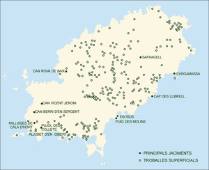 Època romana. Mapa d´Eivissa amb les troballes d´època altimperial romana. Elaboració: Museu Arqueològic d´Eivissa i Formentera / José F. Soriano Segura / Antoni Ferrer Torres.