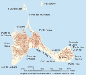 Formentera. Urbanisme. Mapa que mostra la densitat dels murs de pedra a Formentera. Elaboració: José F. Soriano Segura / Antoni Ferrer Torres.