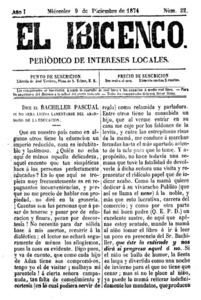 Portada del periòdic <em>El Ibicenco</em>; el primer número va aparèixer el juliol de 1874.