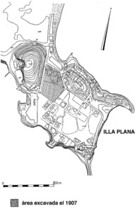 Plànol de l´Illa Plana, on s´assenyala l´àrea excavada per Artur Pérez-Cabrero. Extret d´<em>El santuario de la Illa Plana (Ibiza). Una propuesta dse análisis</em>.