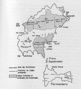 Mapa geològic de les Pitiüses aixecat pel geòleg francès M. H. Nolan a final del segle XIX.