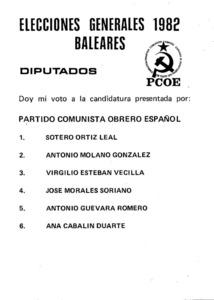 Llista electoral del Partit Comunista Obrer Espanyol (PCOE) a les eleccions de 1982.