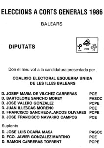 Candidatura de la coalició electoral Esquerra Unida a les eleccions de 1986, coalició impulsada pel Partit Comunista de les Illes Balears.