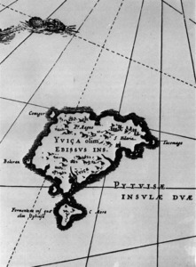 La toponímia aplicada a les illes d´Eivissa i Formentera, illes Pitiüses, al llarg del temps, repeteix la de l´antiguitat clàssica, tal com es veu en aquest mapa de 1663, de Joan Wz. Blaeu. Extret de <em>Cartografía Histórica de Ibiza y Formentera (Islas Pitiusas)</em>.