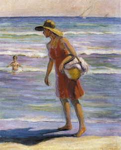 <em>Dona a la platja</em> (1997). Oli sobre tela (73 x 60 cm); les marines són un dels temes preferits d´Antoni Prats Calbet.
