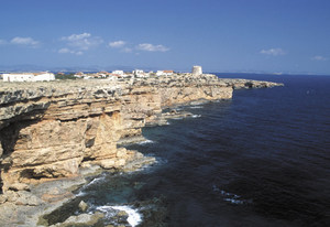 La punta Prima des de cala en Baster, típica costa de penya-segat, amb la torre de Punta Prima al seu extrem. Foto: David García Jiménez.