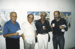 El pintor i professor Francesc Riera Bonet, el primer per la dreta, acompanyat dels pintors, també de dreta a esquerra, Adrián Rosa, Antoni Pomar i Antoni Prats Calbet. Foto: Vicent Ribas "Trull".