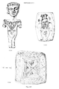 Figures de materials de la campanya de 1929 realitzada a la necròpolis des Puig des Molins per Carles Roman Ferrer.
