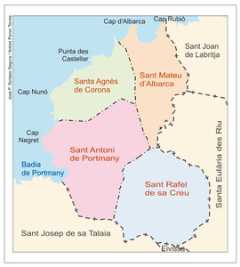 Mapa de les parròquies del municipi de Sant Antoni de Portmany. Elaboració: José F. Soriano Segura / Antoni Ferrer Torres.