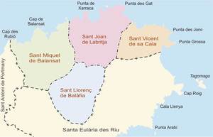Mapa de les parròquies del municipi de Sant Joan de Labritja. Elaboració: José F. Soriano Segura / Antoni Ferrer Torres.