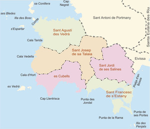 Mapa de les parròquies del municipi de Sant Josep de sa Talaia. Elaboració: José F. Soriano Segura / Antoni Ferrer Torres.