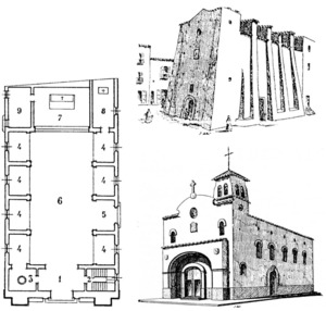 A dalt, a la dreta, el temple de la parròquia de Sant Salvador anterior a la Guerra Civil Espanyola; a baix, plànol de la planta i dibuix del projecte que es va dur a terme a la postguerra. Extret de la revista <em>Ibiza</em>.