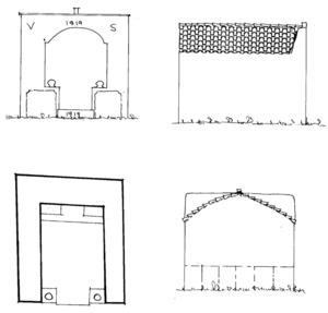 Plànol de planta i alçats de la capella del puig d´en Serra. Extret de<em> Quatre capelles eivissenques de devoció popular</em>.