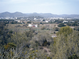 Territori de la vénda de ses Torres, del poble de Jesús, en una vista presa des de la torre de ca n´Espatleta. Al fons, la ciutat d´Eivissa. Foto: EEiF.