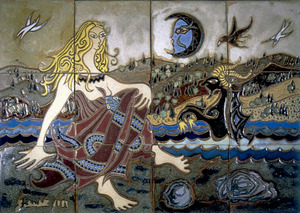 Escena d´una llegenda del País Basc, composició de rajoles en ceràmica esmaltada 64 x 92 cm, d´Antoni Tur Costa "Gabrielet". Foto: Carles Ribas Fuentes / extret de <em>Gabrielet - Sa Nostra.</em>