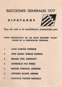 Papereta electoral de les eleccions de 1977 del partit Unió Democràtica de les Illes Balears (UDIB).