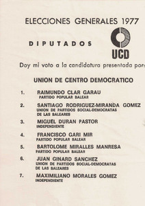 Papereta electoral de les eleccions generals de 1977 de la Unió de Centre Democràtic (UCD).