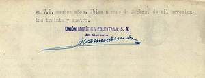 Signatura de Manuel Pineda Puget, gerent de la naviliera Unión Marítima Ebusitana SA. Arxiu de Pere Vilàs Gil.
