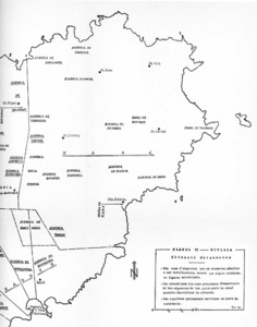 Plànol del juz, districte o quartó de Xarc amb la divisòria amb els quartons de Benizamid i Alhaueth, segons Joan Marí Cardona. Extret de <em>La conquista catalana de 1235</em>.