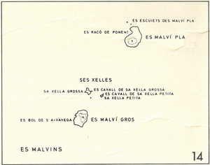 Mapa de Cosme Aguiló des Malvins, amb el grup d´illes conegut com ses Xelles.