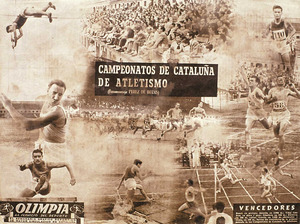 Atletisme. Dues pàgines de la publicació <em>Olimpia</em>, de 1954, que exalta els campionats de Catalunya. A la part superior esquerra, l´eivissenc Antoni Bonet Riera, en un salt de perxa, modalitat en què fou campió. Foto: cortesia de la família Bonet.