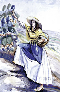 Una dona amb un capell de matèria vegetal, segons una aquarel·la de la dècada dels anys trenta del s. XX. Cortesia de l´Escola Madrileña de Cerámica.
