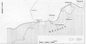 Paleogeografia de l´est de la península Ibèrica i de les illes Balears durant el paleogen (Rhangheard, 1985). A final d´aquest període (oligocè), quan la mar cobreix parcialment l´extrem sudoccidental de l´illa d´Eivissa i la totalitat de Formentera.