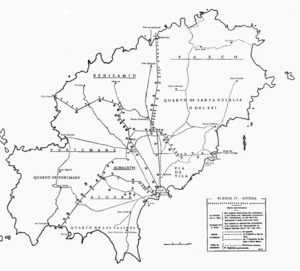 Plànol de Joan Marí Cardona amb els límits establerts per Joan Marí Cardona dels districtes en què es va dividir l´illa d´Eivissa després de la conquista catalana de 1235.