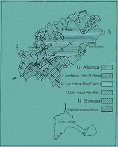 Unitat tectònica. Mapa estructural de les Pitiüses on figuren representades les unitats que formen l´illa d´Eivissa. Dibuix: Alberto Tostón Calle.